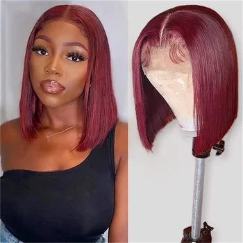 13x4 99J Короткий парик-боб из человеческих волос темно-красного бордового цвета, полный фронтальный парик-боб с тупой косточкой спереди для чернокожей женщины