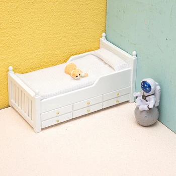 1шт 1:12 Кукольный Домик Миниатюрная Кровать Белая Европейская Односпальная Кровать с Выдвижным Ящиком Мебель для Спальни Модель Декора Игрушка Кукольный Дом Аксессуары