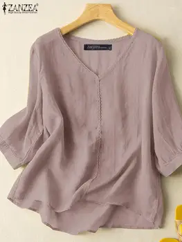 2023 ZANZEA Богемные кружевные топы в стиле пэчворк, летняя модная блузка с рукавом 3/4, женская повседневная уличная сорочка, женская праздничная рубашка с V-образным вырезом.