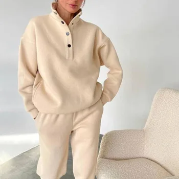 2023 Весна Осень Новая модная женская одежда Однотонный свитер с пуговицами Повседневный костюм Комплект из двух предметов