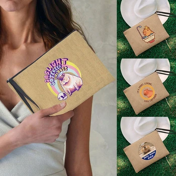 2023, льняная косметичка с мультяшным принтом Каваи Капибара, роскошный брендовый узор, дорожная сумка для губной помады, косметичка, органайзер, сумка для карандашей