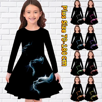 2023 Осенняя юбка для маленькой девочки с круглым вырезом и длинным рукавом, юбка миди Длиной до колен, Весеннее детское Модное платье с животным принтом