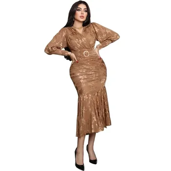 2024 Платье Абаи, Весеннее Элегантное мусульманское Женское Облегающее платье Миди с длинным рукавом и V-образным вырезом, Abayas для Женщин, Мусульманское Модное платье S-2XL