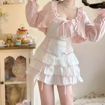 2024 Японский стиль, Плиссированные юбки Kawaii Lolita, Школьные Корейские женщины 90-х, Розовая повязка с высокой талией, Эстетическая юбка Fairy Y2k