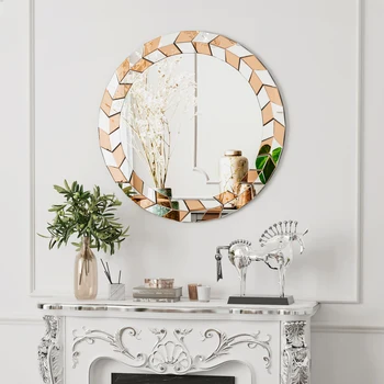 24-дюймовое круглое настенное зеркало: Большой декоративный серебряный туалетный столик со скошенным стеклянным краем в раме из оливковых листьев, Домашнее современное зеркало