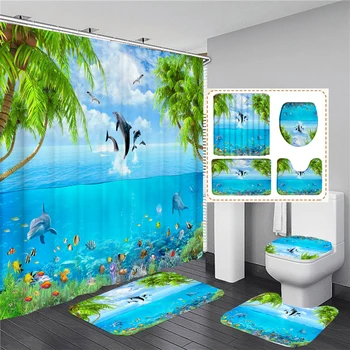 3D Пляж Приморский пейзаж туалет крышка коврик для ванной комплекты океан Дельфин принт ванная комната занавес водонепроницаемый ткань душ шторы