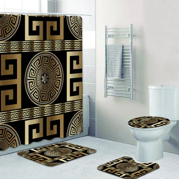 3D Роскошный Черный Золотой греческий ключ Меандр Шторы для ванной в стиле барокко Набор штор для душа для ванной комнаты Современный геометрический коврик для ванной Декор