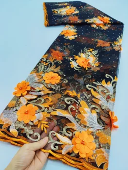 3D Цветочная Аппликация Африканское Французское Сетчатое Кружево С Камнями И Бисером Черный Оранжевый Сенегальский Тюль Сетка Свадебное Платье Для Вечеринки Швейное Кружево