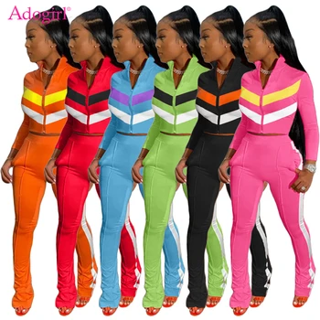 Adogirl 2020, осенний женский повседневный комплект из двух предметов, Цветная лоскутная молния, воротник-стойка, куртка с длинным рукавом, укороченный топ, Брюки, спортивный костюм