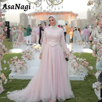 AsaNagi, мусульманское вечернее платье с круглым вырезом, Женские вечерние платья из тюля, длинный рукав, длина до пола, Трапециевидная форма, свадебная вечеринка в Саудовской Аравии