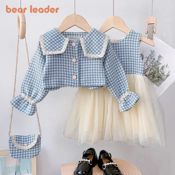 Bear Leader/ Комплект для девочек 2-6 лет, Весенне-осеннее Новое платье-майка в клетку для девочек, Винтажное пальто, Модный Детский праздничный комплект из 3 предметов