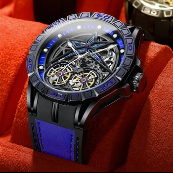 BINBOND Полностью автоматические мужские часы с большим циферблатом, модный тренд, часы с турбийоном, роскошный кожаный ремешок, механические наручные часы