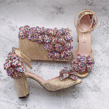 BS1649 Роскошная женская обувь нового дизайна, изготовленная на заказ, свадебные туфли с цветочным узором для новобрачных цвета Шампанского, золотые разноцветные туфли с цветочным узором и комплект сумок