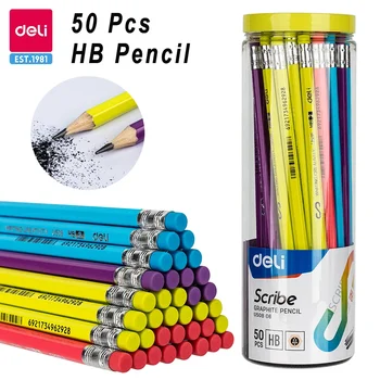 Deli 50шт Деревянные карандаши HB с ластиком для рисования и письма, лапиз для школьников, Канцелярские принадлежности