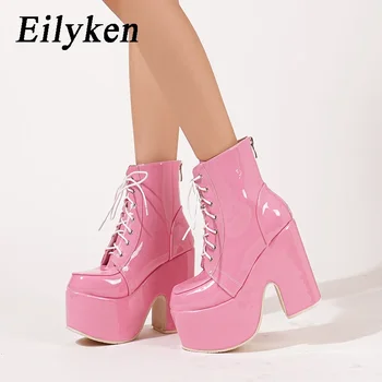 Eilyken, осенне-зимние ботильоны из лакированной кожи, женские вечерние туфли на твердой платформе и высоком квадратном каблуке, дизайнерские ботинки на молнии Botas Mujer