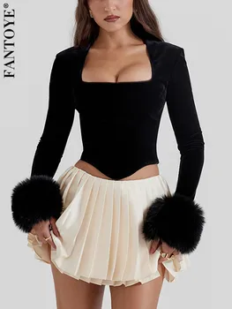 Fantoye, Сексуальный пуловер с квадратным воротником, Женская футболка, Черный однотонный короткий топ с длинным рукавом, Женская облегающая Французская Элегантная уличная одежда 2023 года.