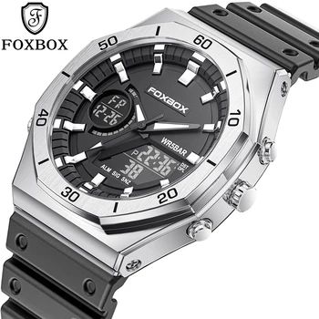 FOXBOX Роскошные мужские часы с двойным дисплеем, повседневный спортивный хронограф, кварцевые наручные часы с большим циферблатом, силиконовые водонепроницаемые цифровые часы