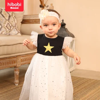 hibobi Summer Baby Girl Трикотажное платье с круглым вырезом и пайетками в виде звездочек, юбка-трапеция для младенцев 3-24 месяцев