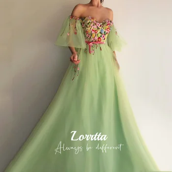 Lorrtta Зеленое платье для выпускного вечера из тюля с 3D цветами в пасторальной манере, шикарное платье А-силуэта с цветочным рисунком, Длинные вечерние платья с длинными рукавами