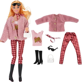 NK 1 Комплект зимних красных клетчатых штанов для милой куклы комплект: пальто + топ + брюки + ботинки + солнце + сумка + шарф для куклы Барби 1/6 ИГРУШКА