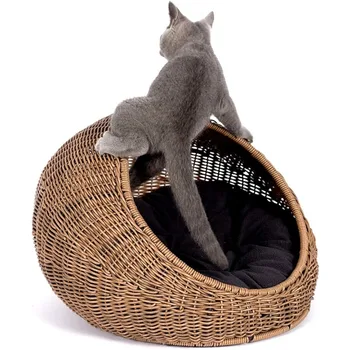 r Cat Bed Dome для средних домашних кошек - крытая хижина-убежище для кошек из искусственного ротанга, в которой домашние животные помещаются в купольную корзину, которую можно стирать