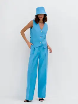 XUAN PhD 2023 Ins Повседневный синий костюм-жилетка из хлопка и льна, женская летняя мода, жилет без рукавов, брюки, костюм-двойка, брюки