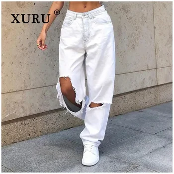 XURU - Европейская и Американская Новая Женская одежда Из Джинсов Со Свободными Дырочками, Сексуальные, Хит Продаж, Белые Длинные Джинсы K1-3219