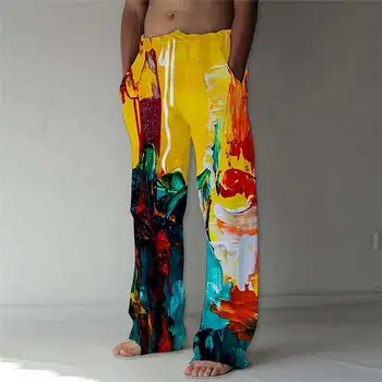 Y2k Fashion Man Роскошная Корейская уличная одежда для бега трусцой Льняные Мешковатые брюки с принтом Летняя Новая Мужская одежда с граффити оверсайз