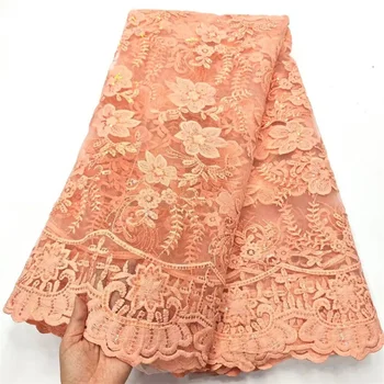 Африканская кружевная ткань Розового цвета, высококачественная кружевная вышивка, блестки, Французская Нигерийская кружевная ткань 2,5 ярда для пошива свадебного платья