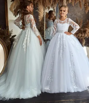 Белые свадебные платья для девочек в цветочек, кружевное платье принцессы из тюля с длинным рукавом для Первого причастия, праздничные платья для девочек