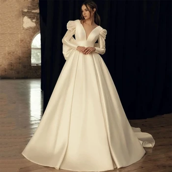 Белые свадебные платья с V-образным вырезом и пышными рукавами, свадебные платья с рюшами, расшитые бисером, Vestidos de Novia, сшитые на заказ