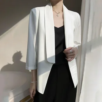Белый блейзер для женщин, весна-лето, Офисная мода, шикарный и элегантный жакет, тонкая верхняя одежда с семиконечными рукавами, пальто, костюмы