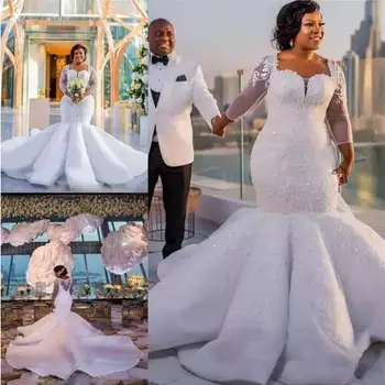 Большие размеры Свадебных платьев в стиле Африканской русалки с кружевными аппликациями и пайетками, Иллюзионное платье с длинными рукавами и прозрачной спинкой для новобрачных