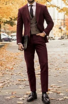 Бордовый блейзер, мужские костюмы, однобортный модный свадебный костюм с отворотом, сшитый на заказ из 3 предметов, куртка, Брюки, жилет Masculino