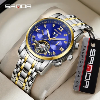 Бренд SANDA Автоматические Механические часы, мужские модные деловые часы, светящиеся водонепроницаемые часы с трехглазым циферблатом Relogio Masculino