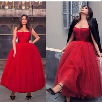 Вечерние платья на красных бретельках длиной до щиколотки, сексуальные мусульманские платья из фатина Саудовской Аравии, женские платья для выпускного вечера