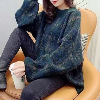 Винтажный женский свитер контрастного цвета, осень-зима, Модные Свободные универсальные пуловеры с круглым вырезом, Литературный повседневный трикотаж