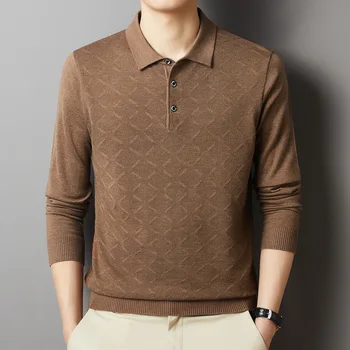 Высококачественная мужская рубашка поло 2023 года, высококачественная полушерстяная модная вышитая футболка с длинным рукавом, повседневная мужская одежда в корейском стиле
