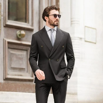 Высококачественный мужской костюм, Черный Шикарный двубортный смокинг с отворотом, элегантный повседневный Формальный свадебный блейзер из 2 предметов с брюками 2023 года выпуска