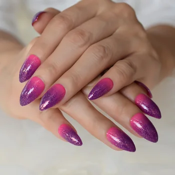 Глянцевое омбре Фиолетово-розового цвета с блестками для ногтей средней плотности, искусственные ногти с полным покрытием, салоны накладных ногтей на шпильках, Советы по одежде для вечеринок для женщин