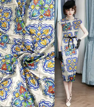 Голубое кружево с цветочным принтом, французский стиль, шелковый атлас Cheongsam, ткань для шелкового платья, качество 97% шелк 3% спандекс, ткань на метр