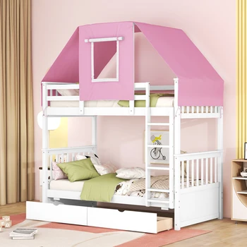 Двухъярусная кровать twin Over twin Деревянная кровать с тентом и выдвижными ящиками, белый + розовый тент