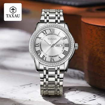 Деловые мужские часы TAXAU высокого качества, роскошные оригинальные наручные часы с бриллиантами, водонепроницаемые мужские часы из нержавеющей стали, дата недели