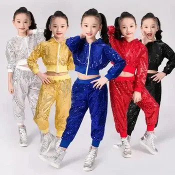 Детская танцевальная одежда, джазовая одежда, Модные комплекты одежды для хип-хоп-танцев с блестками, джазовые детские танцевальные конкурсы, комплекты одежды для выступлений.