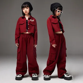 Детская укороченная куртка в стиле хип-хоп, Однотонные брюки-карго, детская уличная одежда, Модное пальто, Комплекты одежды для девочек-подростков, уличный танцевальный джазовый костюм