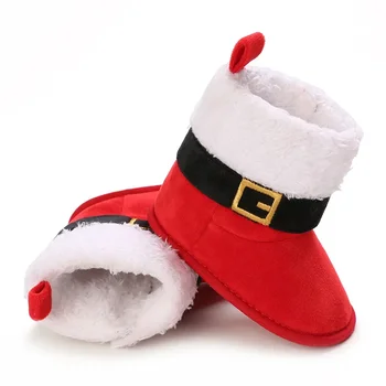 Детские рождественские хлопчатобумажные ботинки, теплые зимние ботинки на мягкой подошве, нескользящая обувь для маленьких девочек и мальчиков, красные ботильоны для первых прогулок, без шнуровки