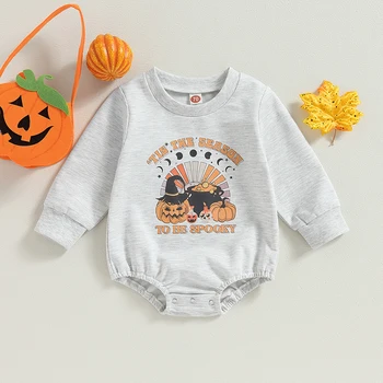 Детский комбинезон на Хэллоуин С милым мультяшным принтом, толстовка с длинным рукавом и круглым вырезом, боди, костюм для новорожденных на Хэллоуин