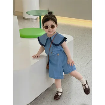 Джинсовый комплект для девочек, летняя новая модная футболка с большим воротником в корейском стиле, хлопковый жилет, юбки, повседневный простой однотонный комплект из двух предметов