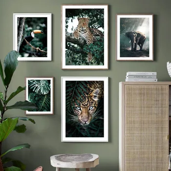 Джунгли, леопард, Слон, Тропическая птица, лист, плакаты на скандинавскую тему и принты, картины на холсте, картины для домашнего декора в гостиной