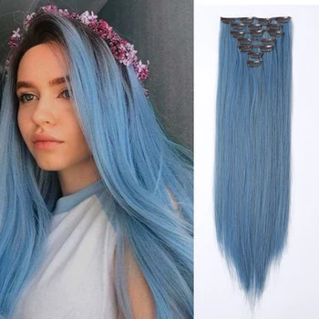 Длинные синие заколки для наращивания волос, 20 дюймов, 16 заколок, синтетический прямой синий шиньон, косплей, Хэллоуин, натуральные волосы для женщин